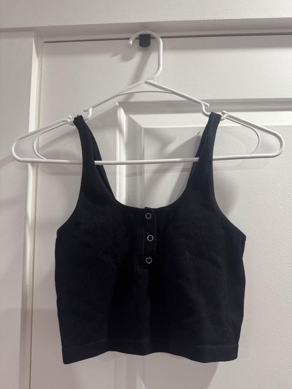 Bozzolo Black Ribbed Button-Front Crop Tank